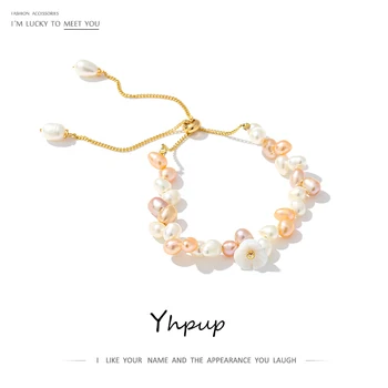 Yhpup 7-8mm Exquisita Naturales Perlas de agua Dulce Cáscara de la Flor de las Mujeres Pulsera brazalete de la Moda de Lujo Amigo de Regalo de la Joyería de Cobre