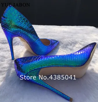YUE JABON 2019 de Cuero de las Mujeres Zapatos de Cambio de Color con estampado de Serpiente Sexy Tacones de aguja Tacones de 12 cm/10 cm/8 cm Punta del Dedo del pie Bombas de las Mujeres