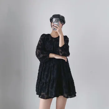 Za Vestido de las Mujeres de Negro de Textura Mini Vestido de Mujer 2020 Otoño O-cuello de Manga Larga Suelta Elegante de las Señoras de los Vestidos de