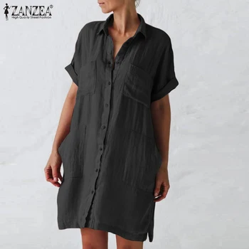 ZANZEA 2021 Moda Sólido Vestido de las Mujeres de la Camisa de Vestido de Verano Casual de Manga Corta Vestidos Femeninos Botón de la Bata de Mujer de Tamaño Más