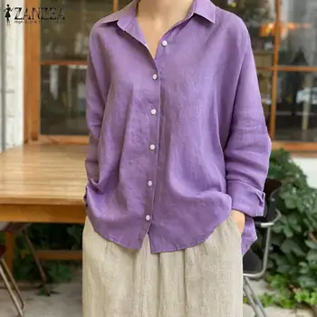 ZANZEA las Mujeres Blusa de 2021 Estilo coreano Collar de Vuelta Camisetas Casual Sólido Blusa Femininas Damas de Manga Larga Tops Más el Tamaño 5XL