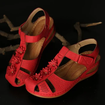 Zapatos De Verano Mujer Sandalias Hueco Ronda Toe Sandalias De Las Señoras Floral De Tobillo Zapatos De Playa Suave De Fondo Sandalia Feminina Más El Tamaño De 43