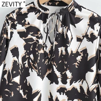 Zevity 2021 de la Primavera de las Mujeres de la Vendimia de Cuello de Pie de Tinta de Impresión de la Flor Casual Camiseta de la Blusa Femenina de Encaje Camisas Chic Blusas Tops LS7579