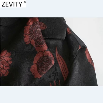Zevity de las Nuevas Mujeres de la Vendimia de la Flor de Impresión de las Hojas Delantal de la Blusa de las Señoras de la Oficina Collar de Vuelta Kimono Camisetas Chic Blusas Tops LS7412