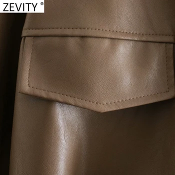 Zevity las Mujeres de la Moda de Doble Bolsillos de Parche de Cuero de Imitación de la Camisa con Cinturón Elegante Cinturones de Blusas de Señora de la Oficina Casual Blusas Tops LS7454