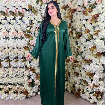 Árabe Vestidos para las Mujeres Musulmanas Abaya Hiyab Vestido de Oro de la Cinta de Retazos de Manga Larga Vestido Maxi de Turquía Isalmic Ropa de Raso